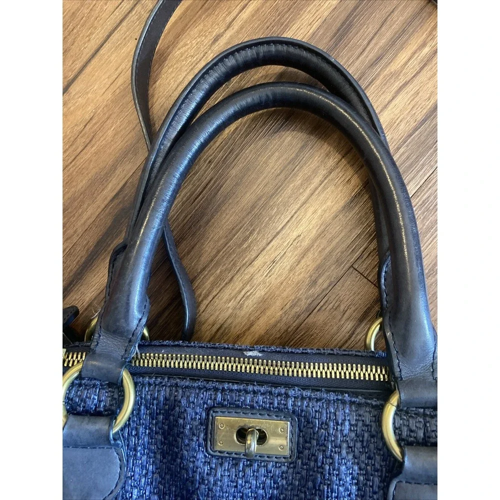 J.CREW Midnight Blue Woven Nylon Leather Trim Turnlock Satchel Shoulder Bag READ